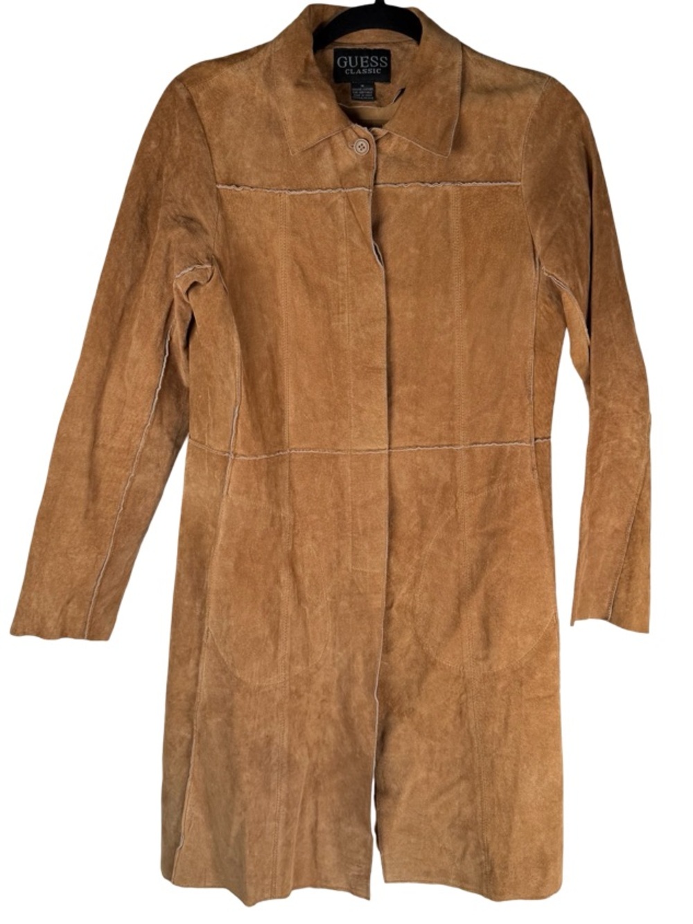 Guess Classic Vintage Camel Cognac Brown Suede Leather Retro 70s Coat Medium